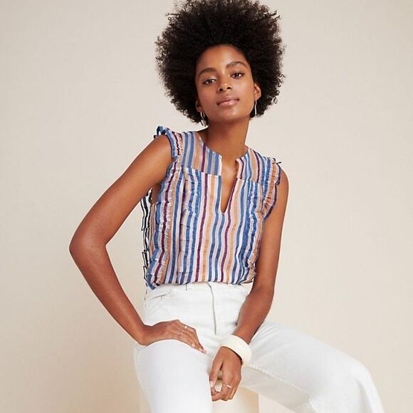 Striped Anthropologie Maeve Ruffled Sleeveless Blouse (NWT) - Picture 3 of 5